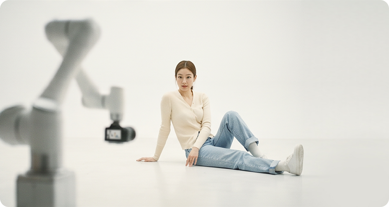 로봇 카메라 앞에 앉아 촬영 중인 인물