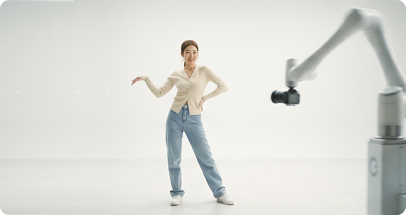 로봇 카메라 앞에서 자유롭게 촬영 중인 인물